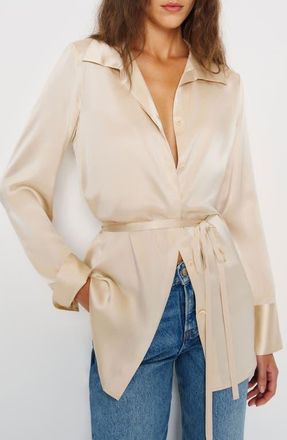 Reformation Camilla Tie Waist Silk Shirt in Almond at Nordstrom, Size 2