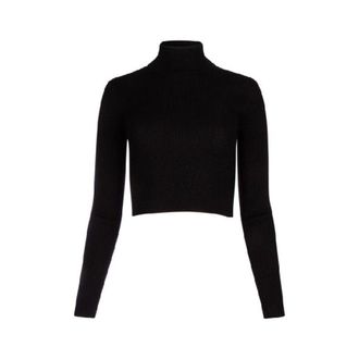 Brunello Cucinelli WomenS Black Wool Silk Blend Cropped Turtleneck Shirt, Size 3XL