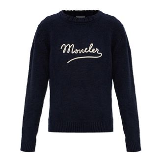 Moncler Round-neck Knitwear, female, Blue, Size: XS Embroidered Logo Cotton-Blend Sweater