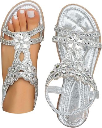 Generic Momolaa UK 6.5 Glitter Diamond Sandals for Women Dressy SALE Clearance Womens Summer Open Toe Diamond Bohemian Flat Sandals Beach Holiday Ladies Sanda