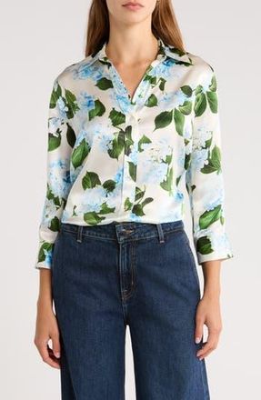 L'agence Dani Floral Three-Quarter Sleeve Silk Button-Up Shirt in Ivory/Light Blue Hydrangea at Nordstrom Rack, Size X-Small