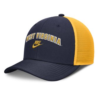 Nike West Virginia Legacy Arch Rise Nike Mens Dri-FIT College Trucker Adjustable Hat in White | NC1319MCWVV-DUH