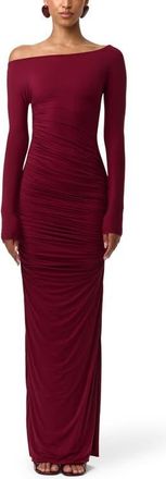 Naked Wardrobe Ruched Off the Shoulder Long Sleeve Maxi Dress in Sangria at Nordstrom, Size X-Small