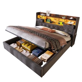 STILVORA Cama Con Arc&oacute;n 140 X 200 Cm, Cama Doble De Lino Con Led, 3 Usb Y Type-c, Sin Colch&oacute;n, Gris