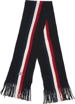 Moncler Logo Patch Stripe Virgin Wool Fringe Scarf in Black at Nordstrom