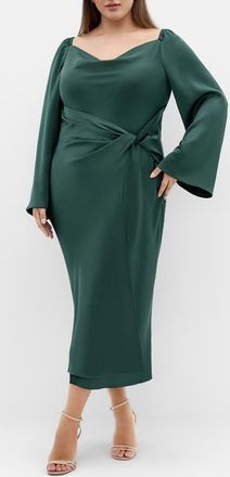 City Chic Adelina Long Sleeve Satin Midi Dress in Forest at Nordstrom, Size 24W