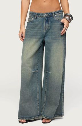 Edikted Adjustable Low Rise Baggy Jeans in Dark-Blue at Nordstrom, Size X-Small