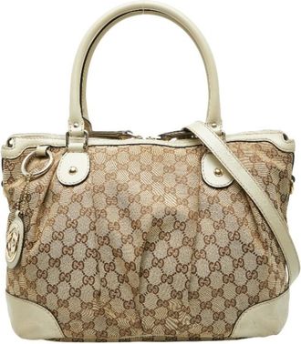 Gucci Beige Brown Canvas Leather Shoulder Bag Tote Bag (Pre-Owned)