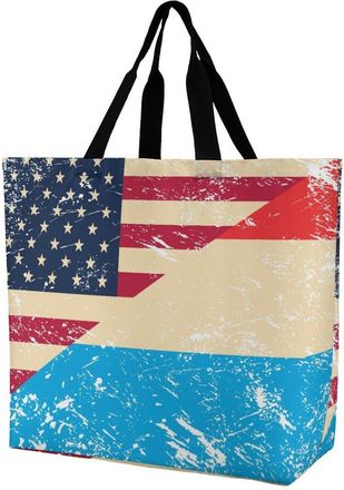 Generic U.S. And Luxembourg Vintage Flag Large Reusable Shopping Bag Lightweight Foldable Tote Bags Washable Shoulder Handbag