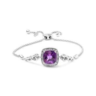 House of Brilliance 925 Sterling Silver 10mm Cushion Cut Amethyst Gemstone and Diamond Accent Lariat 4-10 Adjustable Bolo Bracelet (H-I Color, SI1-SI2 Clarity)