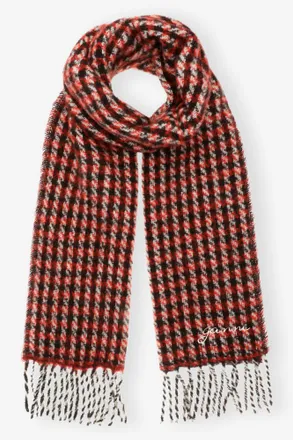 【関税&送料込】Ganni Plaid Scarf GANNI Women's' Logo Jacquard Wool-Blend Scarf in Red | LN-CC®