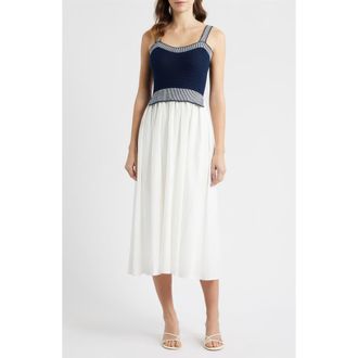 Moon River Crochet Top Mixed Media Midi Dress in Navy/Off White at Nordstrom, Size X-Large