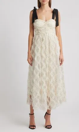 Moon River Tulle Corset Bodice Midi Dress in Cream Black at Nordstrom Rack, Size Medium