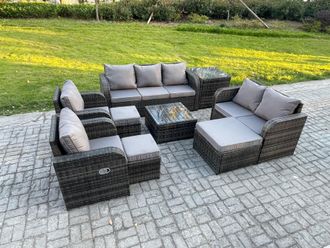 Fimous 10 Seater Garden Furniture Set Rattan Outdoor Lounge Sofa Chair With Tempered Glass Table 3 Footstools Side Table Dark Grey Mixed