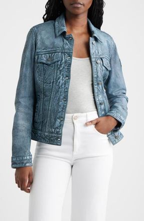 Mauritius Jessie Denim Look Leather Trucker Jacket in Teal at Nordstrom, Size 11