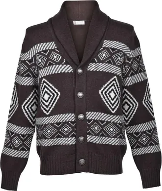 Brunello Cucinelli MenS Brown Cashmere Patterned Cardigan Sweater, Size 40