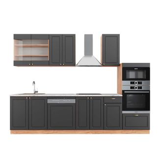Vicco Mueble De Cocina Fame-line, Antracita Casa De Campo/roble Kraft Dorado, 300 Cm Con Armario Alto, Et M&aacute;rmol