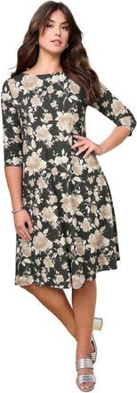 Roaman's Plus Size 3/4 Sleeve Boatneck Swing Dress in Camel Watercolor Rose at Nordstrom, Size 44