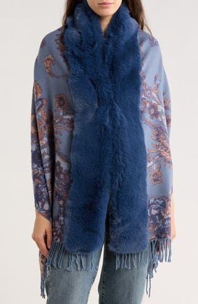 La Fiorentina Floral Print Faux Fur Trim Wrap in Blue at Nordstrom Rack