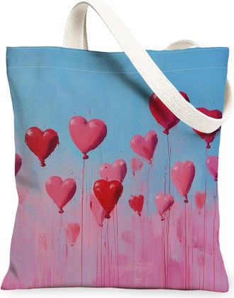 Generic Heart Pattern Canvas Tote Bag, Colorful Love Design Reusable Grocery Bag, Lightweight Washable Shoulder Strap Canvas Bags for Travel Shopping Picnic 1