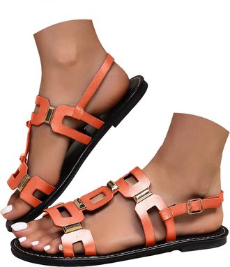 Generic Casual Strappy Sandal for Women, Flats Sandals for Women, Summer Ankle Strappy Round Open Toe Dressy Beach Womens Sandals