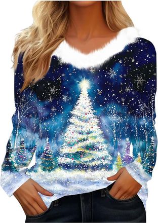 Generic Christmas Jumpers for Women Faux Fur Collar V Neck Sweater Plus Size Long Sleeve Christmas Print Sweatshirts Casual Oversized Outwear Pullover Ladies 