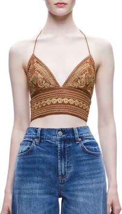 Alice & Olivia Carli Beaded Embroidered Halter Bra Top in Camel/gold at Nordstrom Rack, Size 10