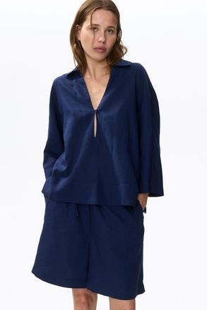 H&M Linen-blend Popover Shirt in Dark Blue at Nordstrom, Size X-Small