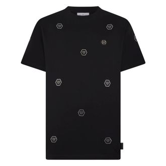 Philipp Plein Tops, Heren, Zwart, 3Xl, Katoen, T-shirt met ronde hals Monogram Stones Monogram