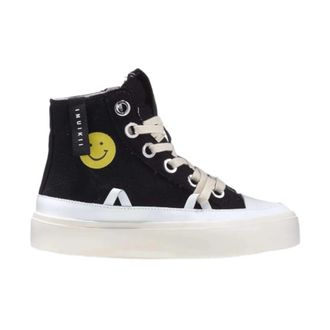 INUIKII Distressed Matilda Zwarte Sneaker met Smiley & Hart Print - Dames - Sneakers - Zwart - 39 EU - Katoen - Schoenen