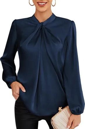 Grace Karin Ladies Elegant Blouses Knotted Neck Work Office Business Lantern Long Sleeve Shirt Loose Fit Soft Tops Navy Blue L