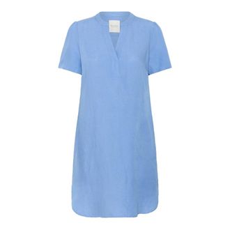 Part Two Zilvermeer Blauwe Jurk met Korte Mouwen - Dames - Korte kleedjes - Blauw - XS - Linnen - Kleedjes