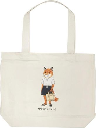 Maison Kitsun&eacute; Tassen, Dames, Beige, ONE Size, Katoen, Dressed Fox Tote