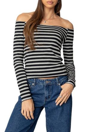 Edikted Nelligan Stripe Off the Shoulder Stretch Cotton Knit Top in Gray-Melange at Nordstrom, Size Small