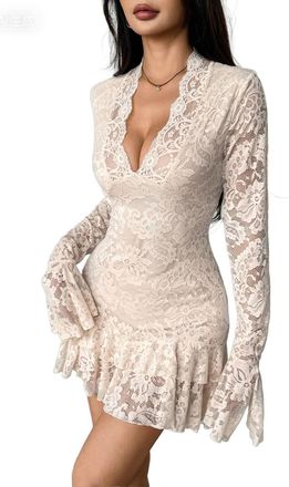 Generic Womens Y2k Lace Mini Dress Y2k Long Sleeve Sheer Ruffle Hem Bodycon Short Party Dresses