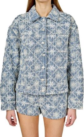 endless rose Floral Embroidered Nonstretch Denim Jacket in Dusty Blue at Nordstrom, Size X-Small