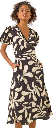 DUSK Womens Swirl Print Puff Sleeve Dress - Black - Size 10 UK