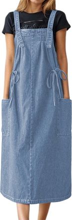 Generic Womens Denim Suspender Pinafore Dungaree Dress Long Skirt Overalls Vintage Style with Tie Straps & Pocket, Sleeveless Casual Wear, A-Line Maxi Design,