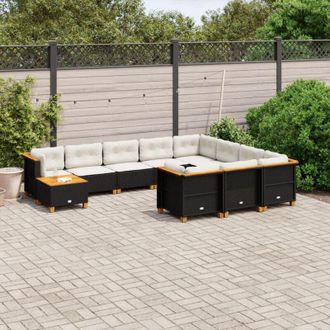 vidaXL Set De Sof&aacute;s De Jard&iacute;n 11 Pzas Y Cojines Rat&aacute;n Sint&eacute;tico Negro Vidaxl