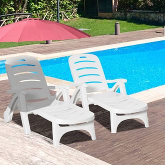 OUTSUNNY Patio Folding Lounge Chair Recliner with Wheels & 5-Position Backrest in White