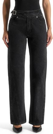 Mani&egrave;re De Voir Loane Twist Leg Boyfriend Jeans With Waist Adjuster in Washed Black at Nordstrom, Size 12