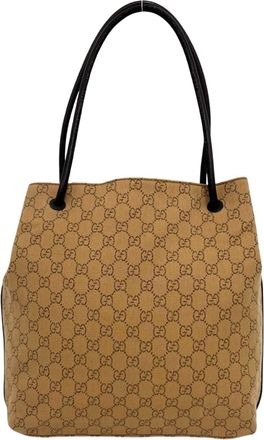 Gucci Beige Brown Canvas Leather Shoulder Bag Tote Bag (Pre-Owned)