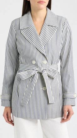 Tahari by ASL Striped Seersucker Wrap Jacket in Navy Ivory at Nordstrom, Size 14