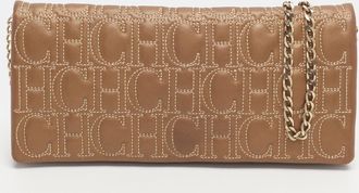 Carolina Herrera Metallic Brown Monogram Leather Chain Clutch