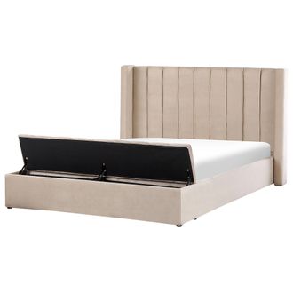 Beliani Cama Con Somier De Terciopelo Beige 180 X 200 Cm Reposacabezas Alto Banco Noyers