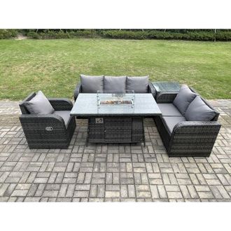 Fimous Fimous - Garden Patio Furniture Wicker Rattan Gas Fire Pit Table and Sofa Chair set with Side Table