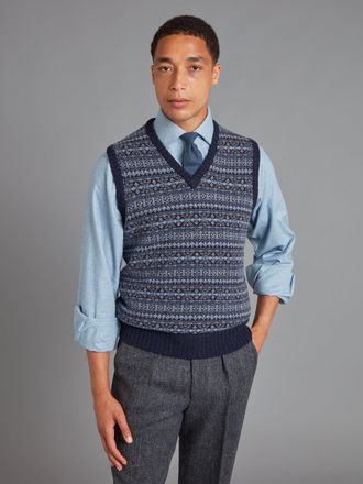 Oliver Brown Sleeveless Jumper Fair Isle - Oxford Blue