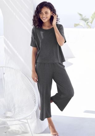 Vivance Pyjama VIVANCE DREAMS, Damen, Gr. 32/34, grau (dunkelgrau), Rippware, Obermaterial: 63% Polyester, 33% Viskose, 4% Elasthan, Basic, 7/8-L&auml;nge, Homewea