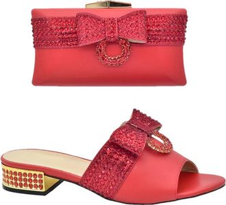 Generic Womens Low Heels Slip On Sandals and Handbag Matching Set Rhinestone Bow Decorated for Wedding Bride Party