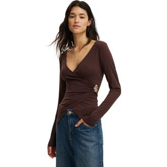 Cotton On Womens Trim Detail Long Sleeve Wrap Top in Dark Oak at Nordstrom, Size Xx-Small
